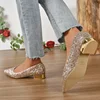 Gold Low Heels Pumps Women 2025 Spring Shiny Sequins Pointed Toe Party Shoes Woman Plus Size Simple Thick Heeled Bride Shoes 5