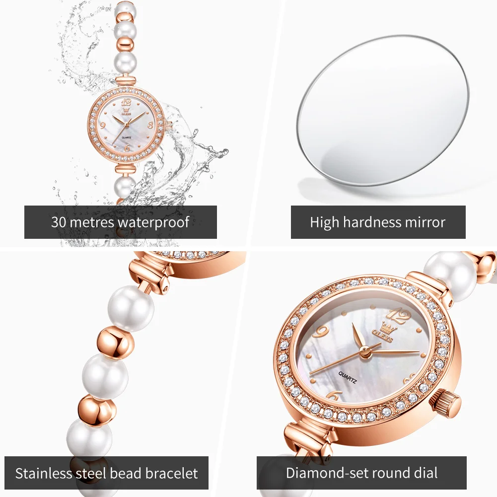 OLEVS 5640 Top Woman Watch Elegant Luxury Pearl Bracelet Quartz Wristwatches Diamond Bezel Waterproof Ladies Dress Watches Gifts