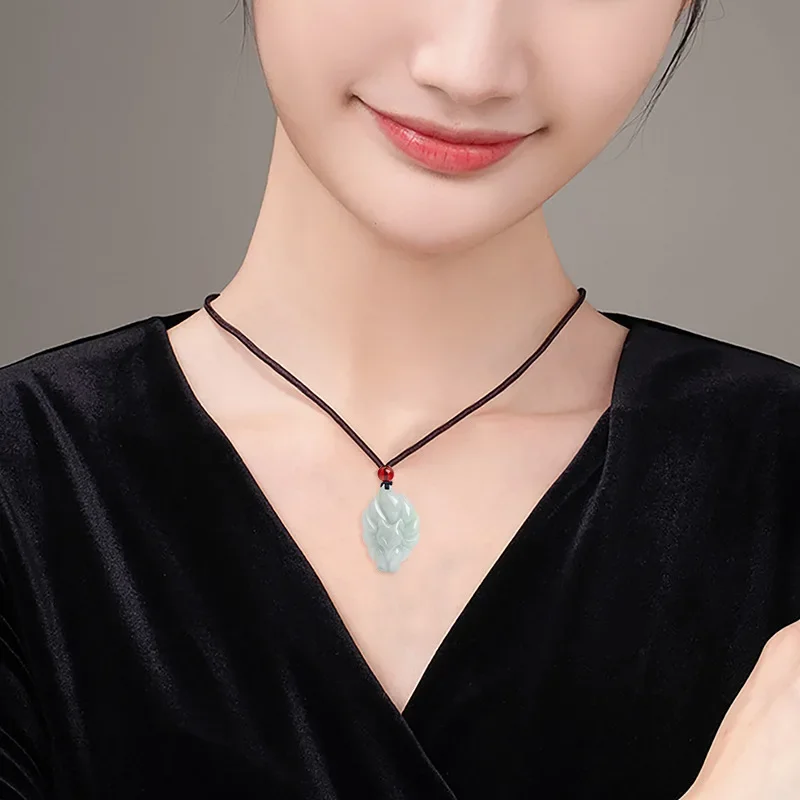 Natural A Cargo Emerald Light Green Nine -tailed Fox Pendant Fox Fairy Necklace Glutinous Jade Pendant Flower Pieces FemaleModel