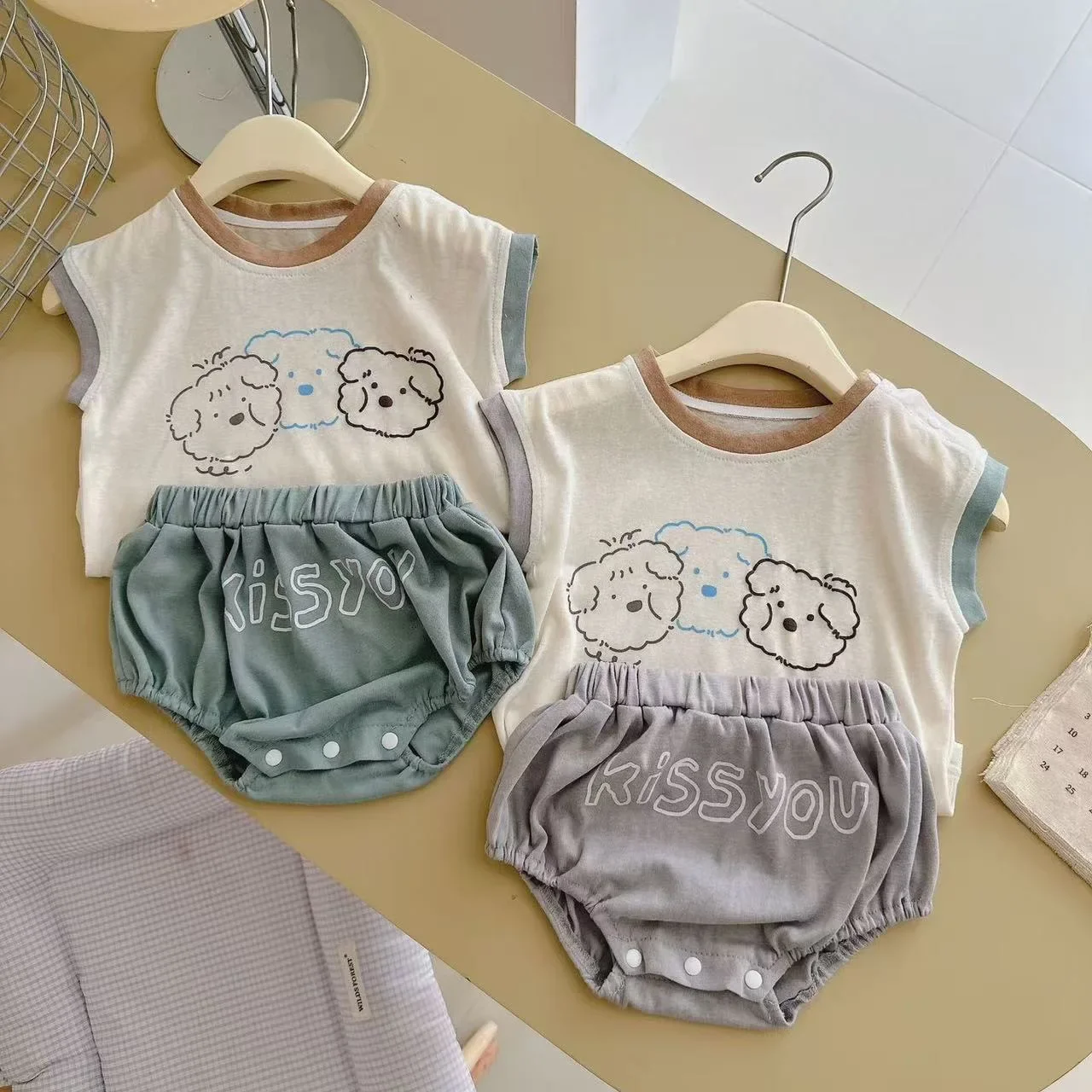 Korean Version Ins Children's Cartoon Pattern Vest Sleeveless Set Jumpsuit Summer 2-piece Set Refreshing Breathable Cotton Cover
