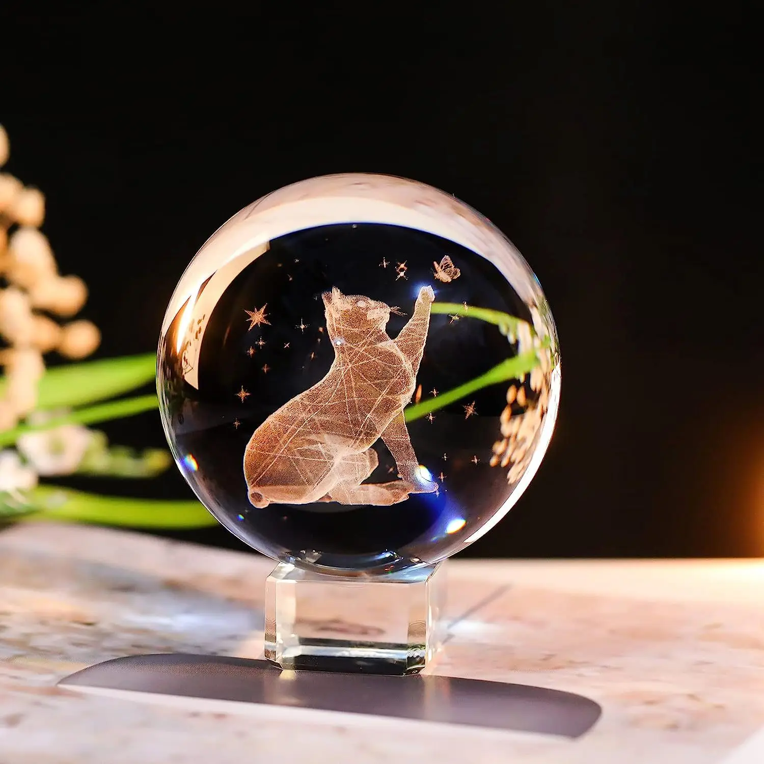 

Laser Inset Crystal Ball, Creative Desktop Decoration, Birthday Gift with Base, Cat Catching, Butterfly, Wolf, Stallion, Land