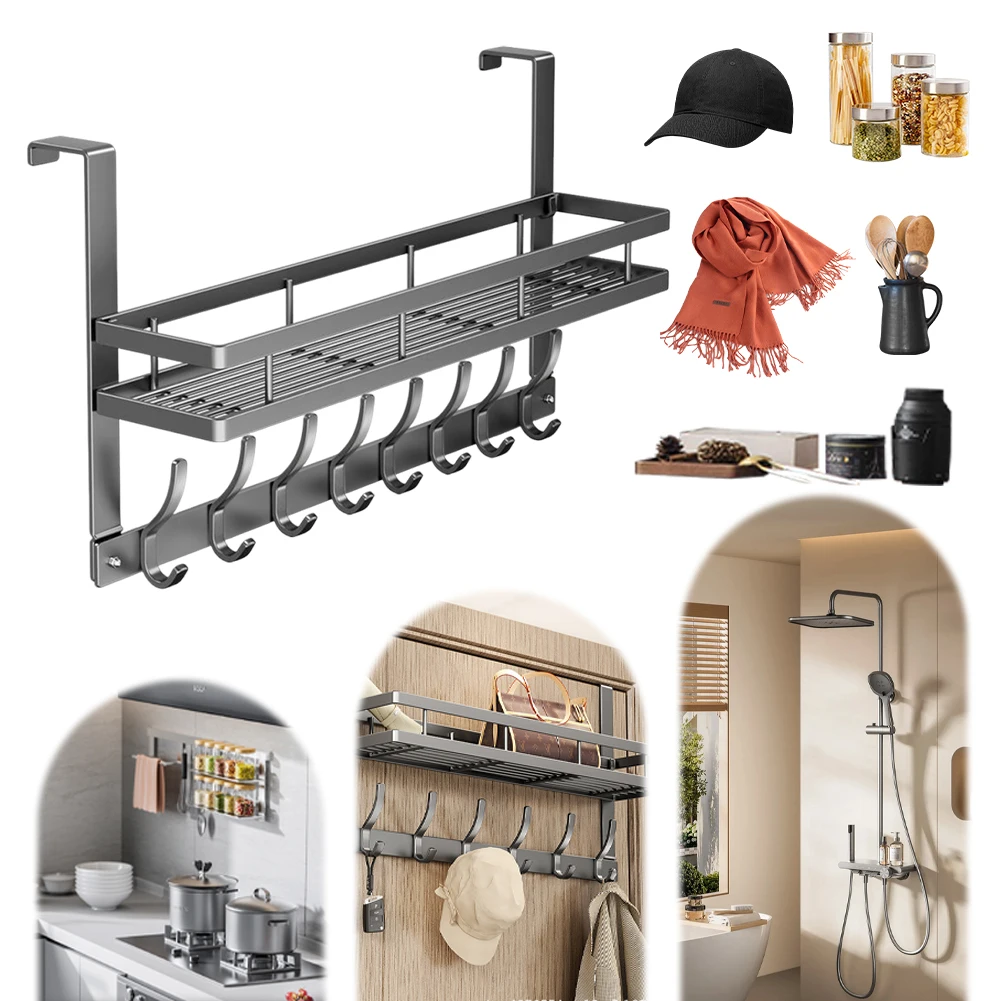 Door Storage Basket with 8 Hooks Door Storage Organizer Heavy Duty Organizer Rack Punch Free for Living Room Bedroom