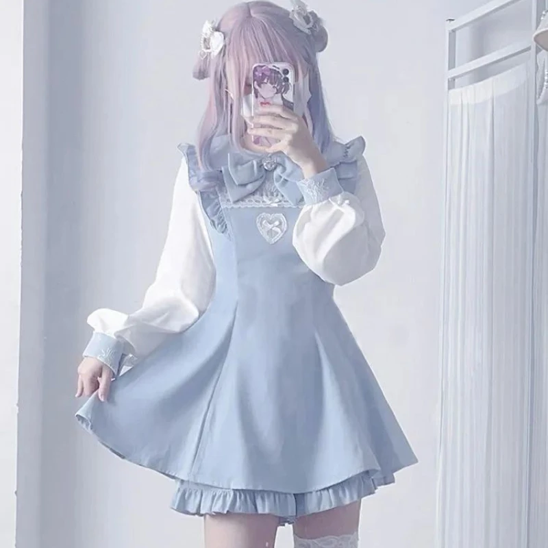Lolita Dress Japanese Style Gothic Y2k Rhinestone Bow Shorts Set Sweet Women ruffles Peter Pan Collar Shirt Harajuku Party