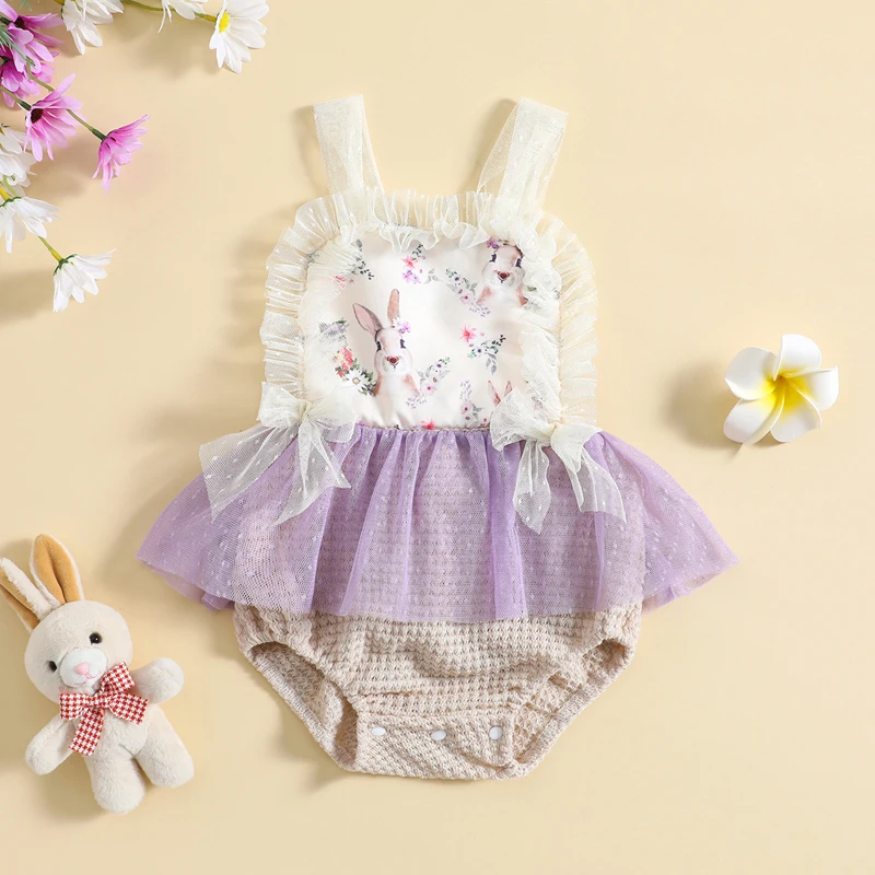 

Infant Baby Girls Romper Dress Easter Dress Mesh Ruffles Bunny Print Sleeveless Jumpsuit for Toddler Newborn Summer Casual Wear