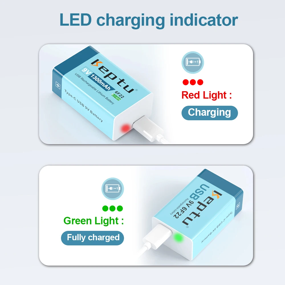 9V Rechargeable Batteries, 1300mAh High Capacity Lithium-ion Long Lasting 9  Volt Batteries with 2 in 1 USB C Fast Charging Cable for Smoke