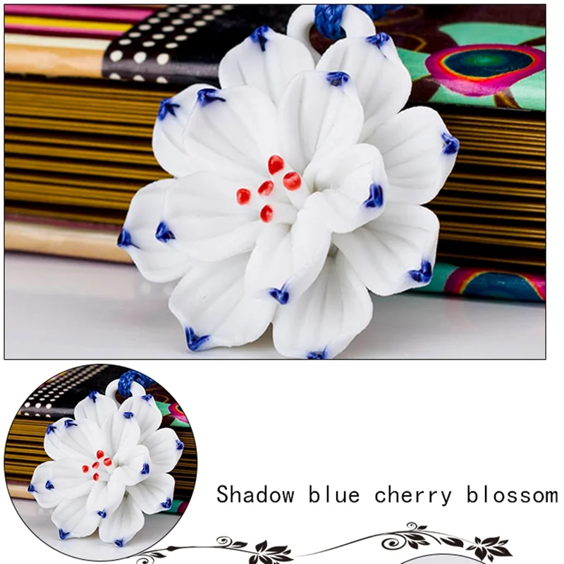 Jingdezhen Ceramic Pendant National Wind Necklace Blue and White Porcelain Bauhinia Lotus Hand-kneaded Sweater Chain