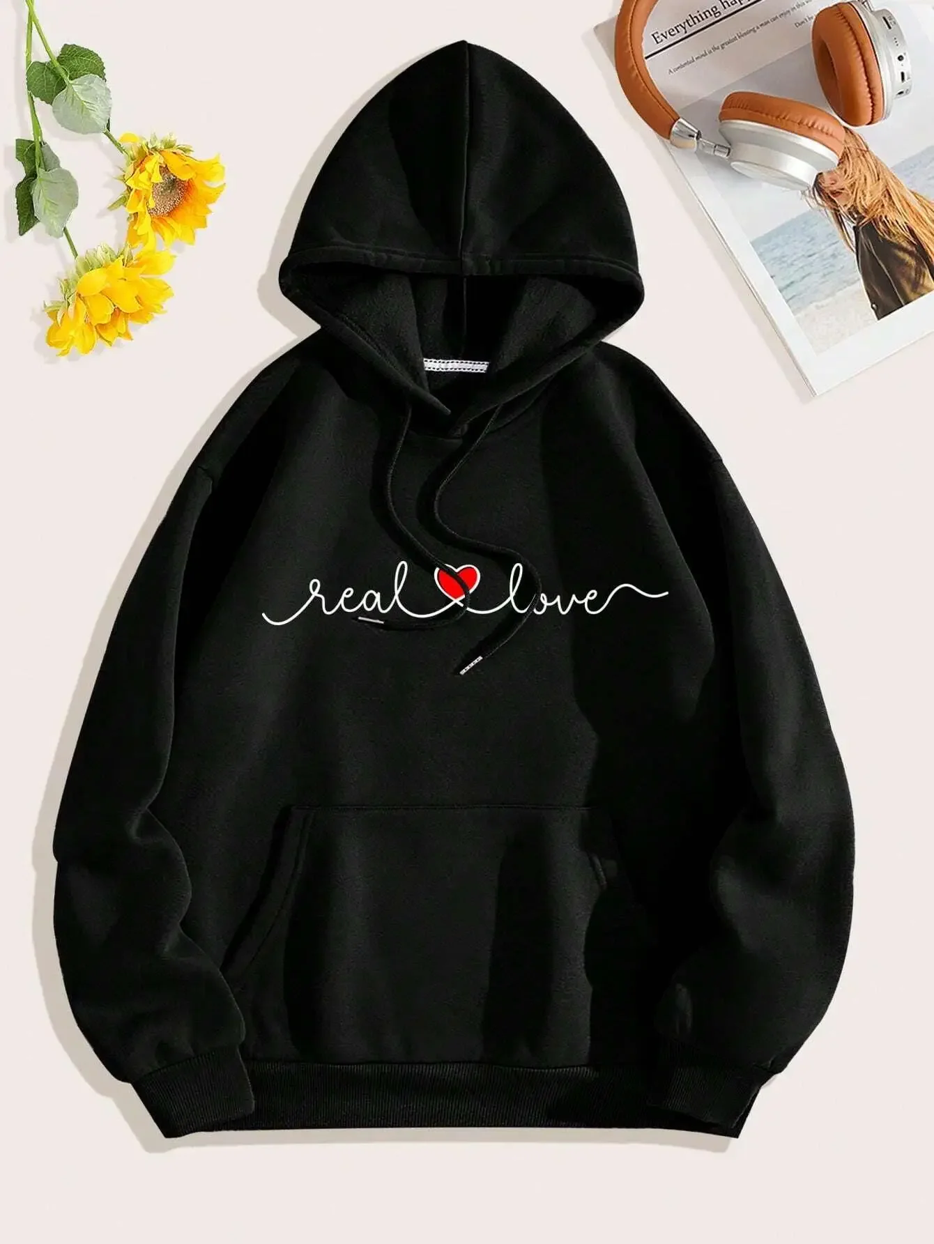 

Real Love Simplified Stroke Style Letters Hooded Women Fleece Warm Hoodies Fashion fur-liner Hoodie Fashion Casual S-XXL Tops