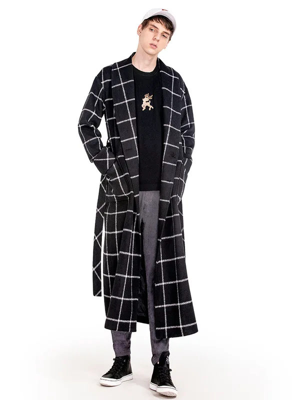 

Fashion Wool Winter Coat Cashmere Men Trench with Belt Plaid Design Coat Smart Casual British Style Outwear Chic Jackets