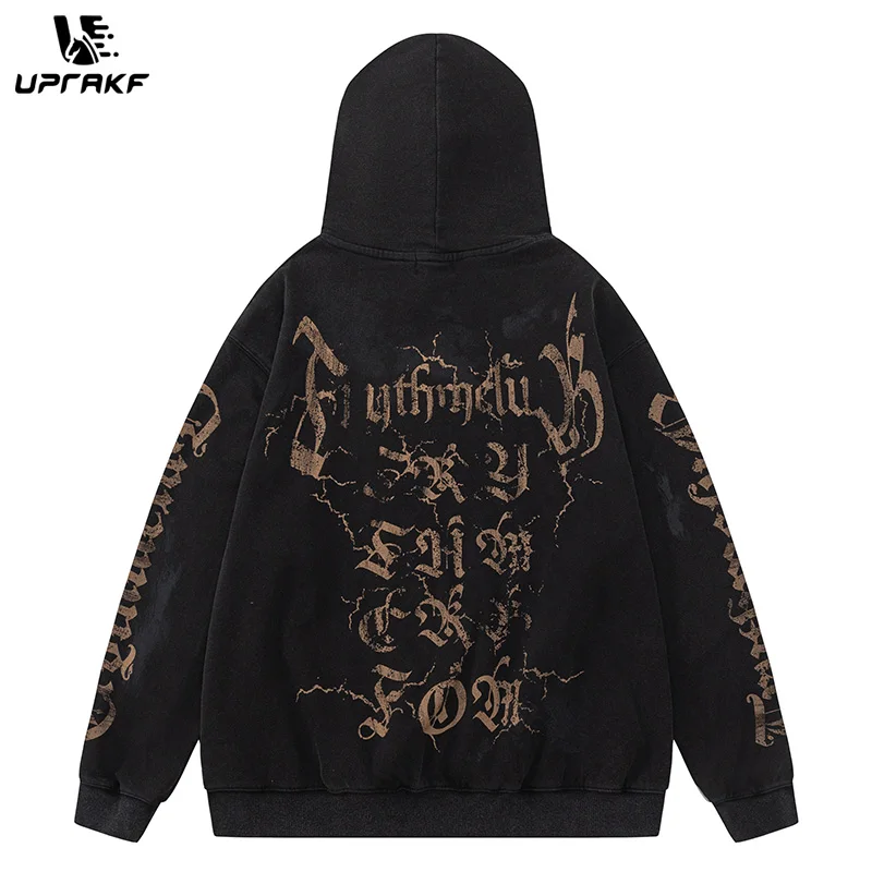 UPRAKF Retro Abstract Alphabet Graphic Hoodie Oversize Autumn Casual Front Pocket Long Sleeve Loose Streetwear Pullover