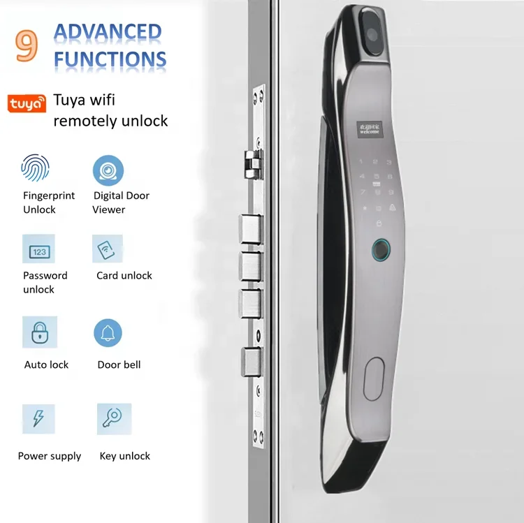 RFID smart door lock keyless tuya wifi fingerprint push pull home lock with camera biometric door Lock Airbnb Cerradura