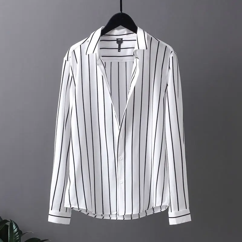 Spring Autumn New Fashion Elegant Polo Collar Clothing Long Sleeved Stripes Versatile Commuting Loose Comfortable Men's Shirts