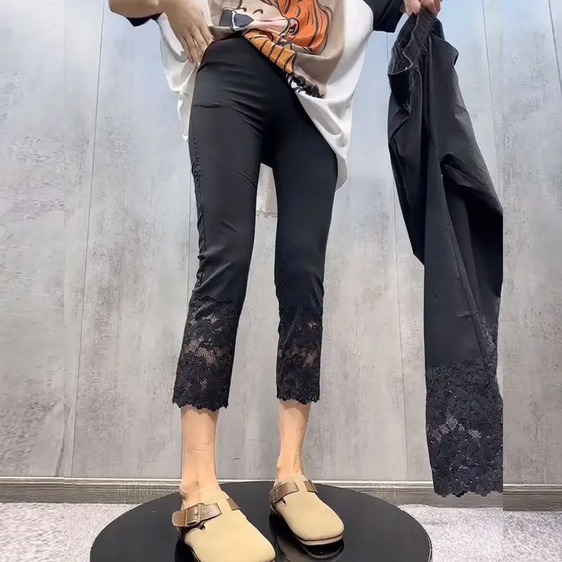 Women's Solid Summer New Minimalist Commute Elastic Patchwork Lace Pocket Hollow Out Straight Slim High Waist Calf-Length Pants