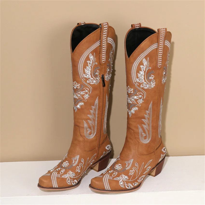 

Mid Heel Women Boots 2023 Winter Ethnic Style Embroidery Western Cowboy Retro Patchwork Cowgirl Women Shoes Dropshopping
