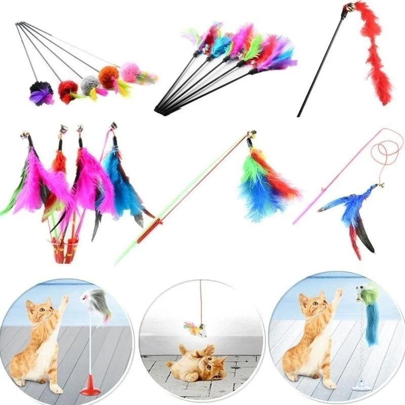 

Kitten Pet Cat Teaser Turkey Feather Interactive Fun Toy Wire Chaser Wand + Bell(random)