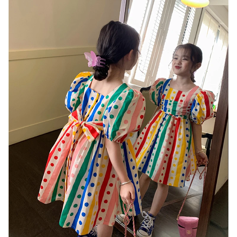 

Girls Dress Summer Baby Girl Dress Kids Rainbow Princess Dress Puff Sleeves Clothing Cute Children Clothes 2 3 4 5 6 7Yers