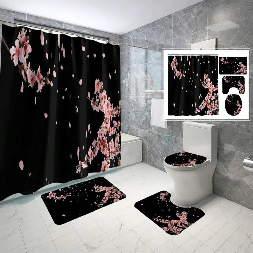 4pcs Modern style printing Shower Curtain Set With 12 Hooks, Anti-Slip Bathroom Mat, U-Shaped Toilet Rug, Bathroom Curtain Set 3