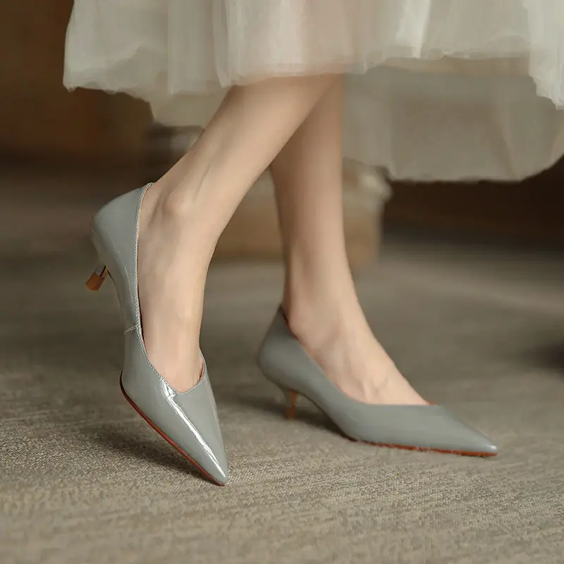 Patent Leather Pumps Women Stiletto Professional Shoes 2023 New Gray Pointed High Heels Mid-heel Women's Shoes 2