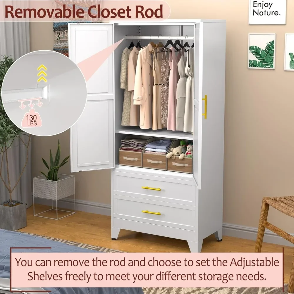 Metal Armoire Wardrobe Closet with 2 Drawers and Hanging Rod, 71'' Tall Wardrobe Cabinet with Doors and Adjustable Shelves 4