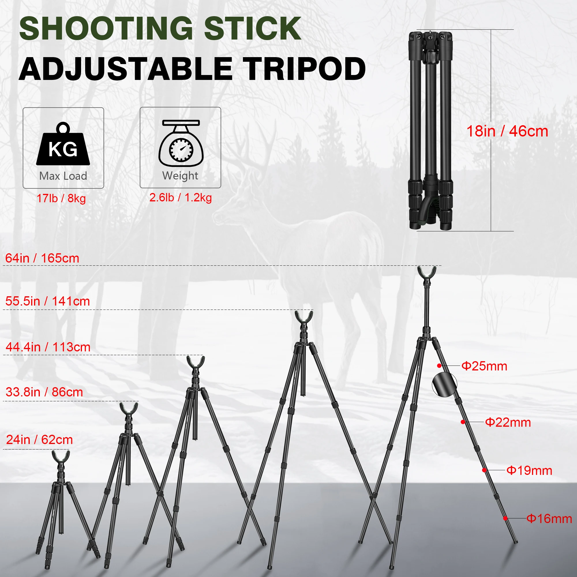 Manbily Hunting Tripod Rest Aluminum for Rifle with V-Yoke Shooting Stick Head Universal Camera Tripod MA-254G