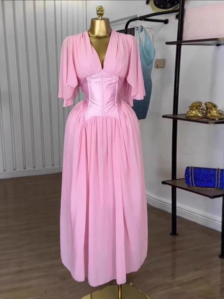 Wmstar Dress Women Wholesale Stock 2025 Cross Border Clothing Pink Chiffon Summer Short Sleeved Elegant V Neck Cinched Waist