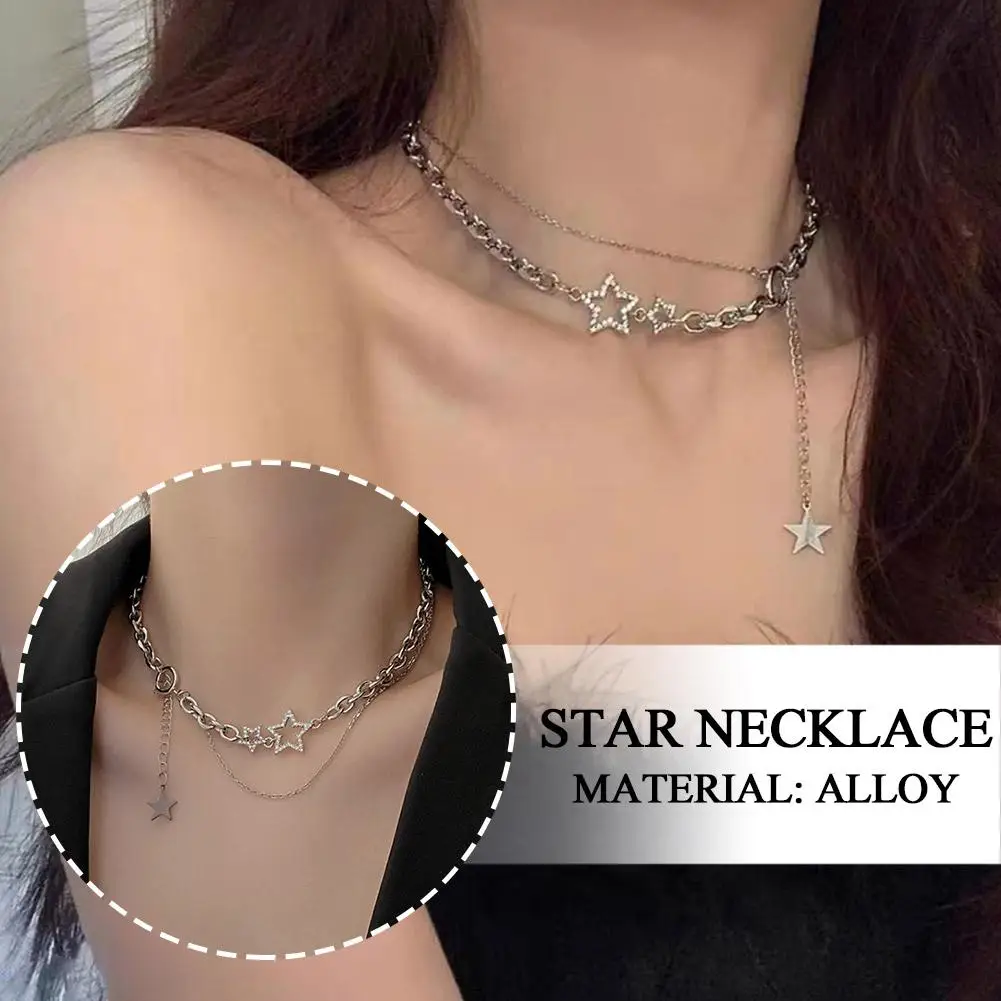 цена Shiny Star Layered Tassel Choker Necklace Y2k Jewelry For Women Girls Fashion Pentagram Silver Star Chain Zircon Charm Neck E9Y4