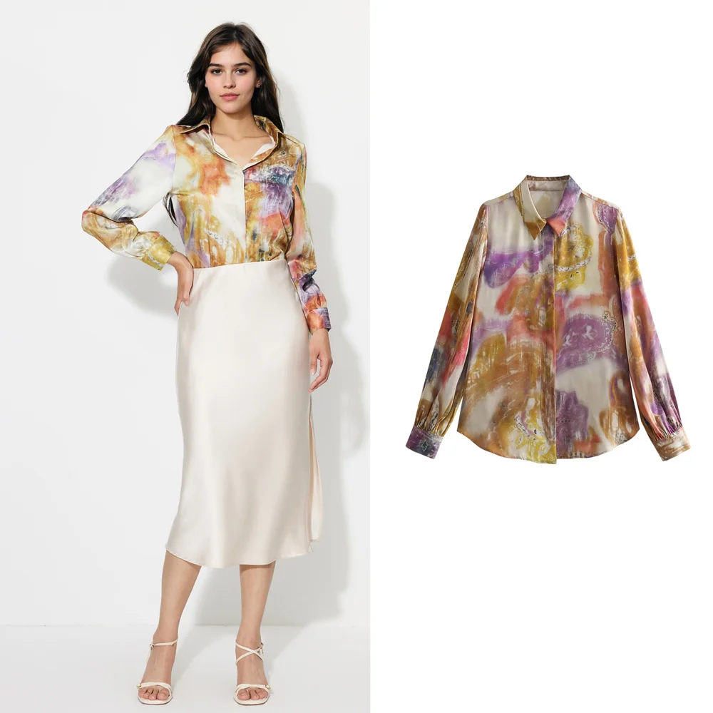 taop TAOP&ZA Women's 2024 Spring New Lapel Layered Tone Printed Silk Satin Textured Shirt Women 2784140