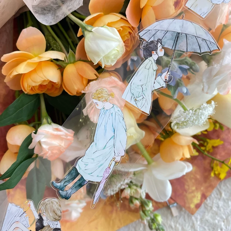 60mm*10m 빈티지 소녀 캐릭터 우산 풍경 PET 테이프 창의적인 DIY 저널 재료 콜라주 스크랩북킹 문구류