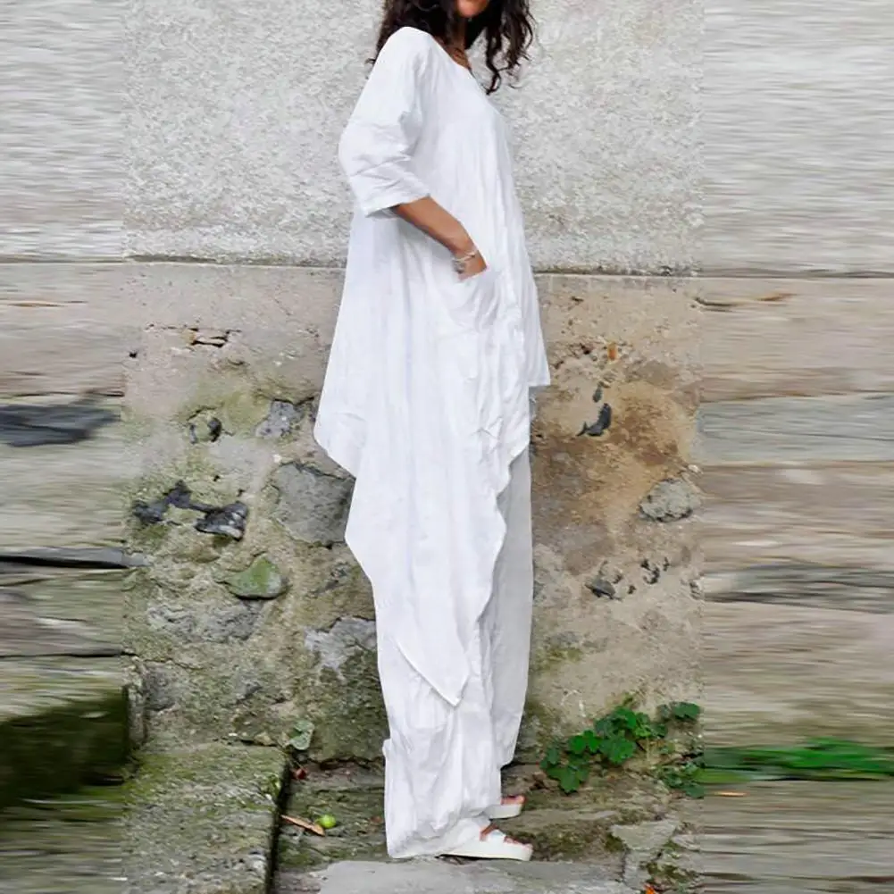 Women Linen Lounge Set Stylish Women's Cotton Linen Two-piece Sets with Casual Shirts Wide Leg Trousers for Relaxed Summer
