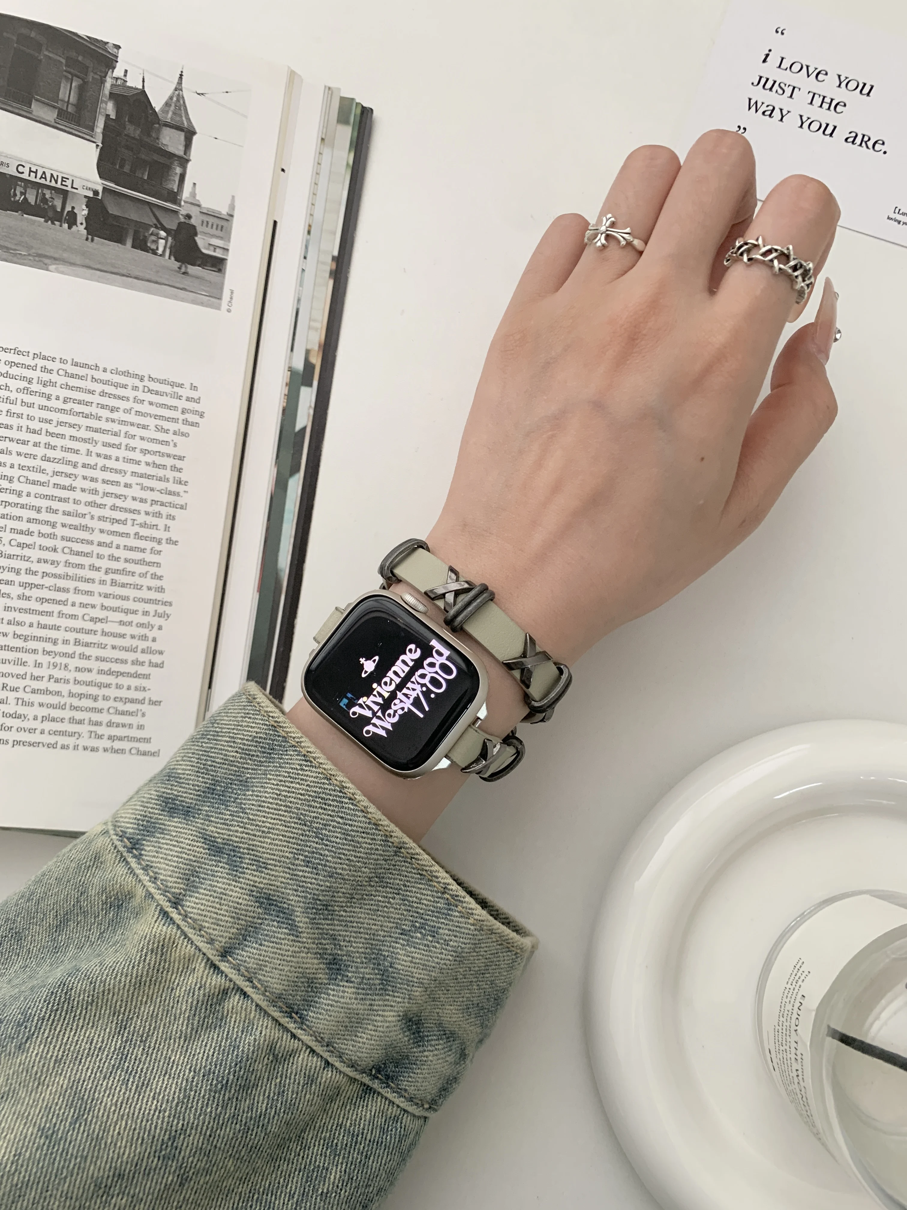 Retro style Metal strap for Apple watch band bracelet double chain iwatch 9 Ultra38 40 4142 44 45 49mm women leather wrist