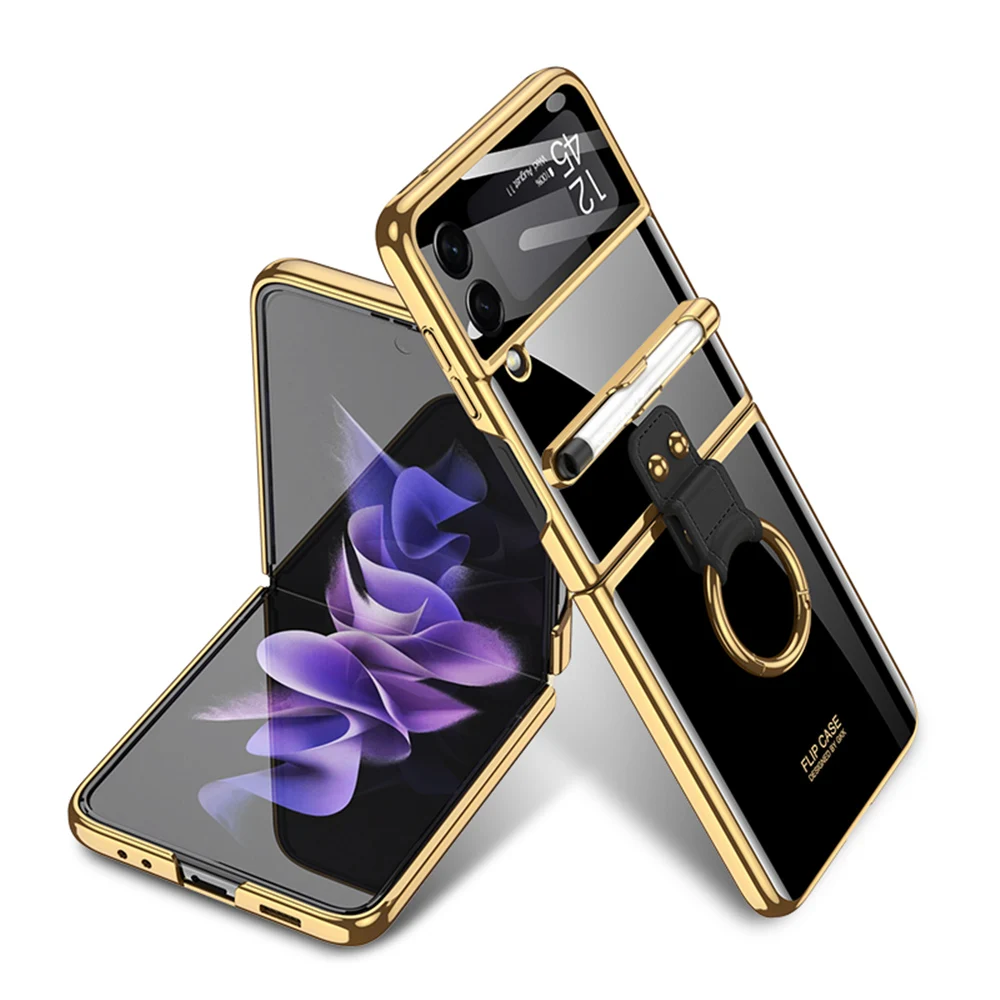 

With S Pen Bracket Cover For Samsung Galaxy Z Flip 3 5G 2021 Ring Case Luxury Plating Built-in Screen Protecto Coque Fundas