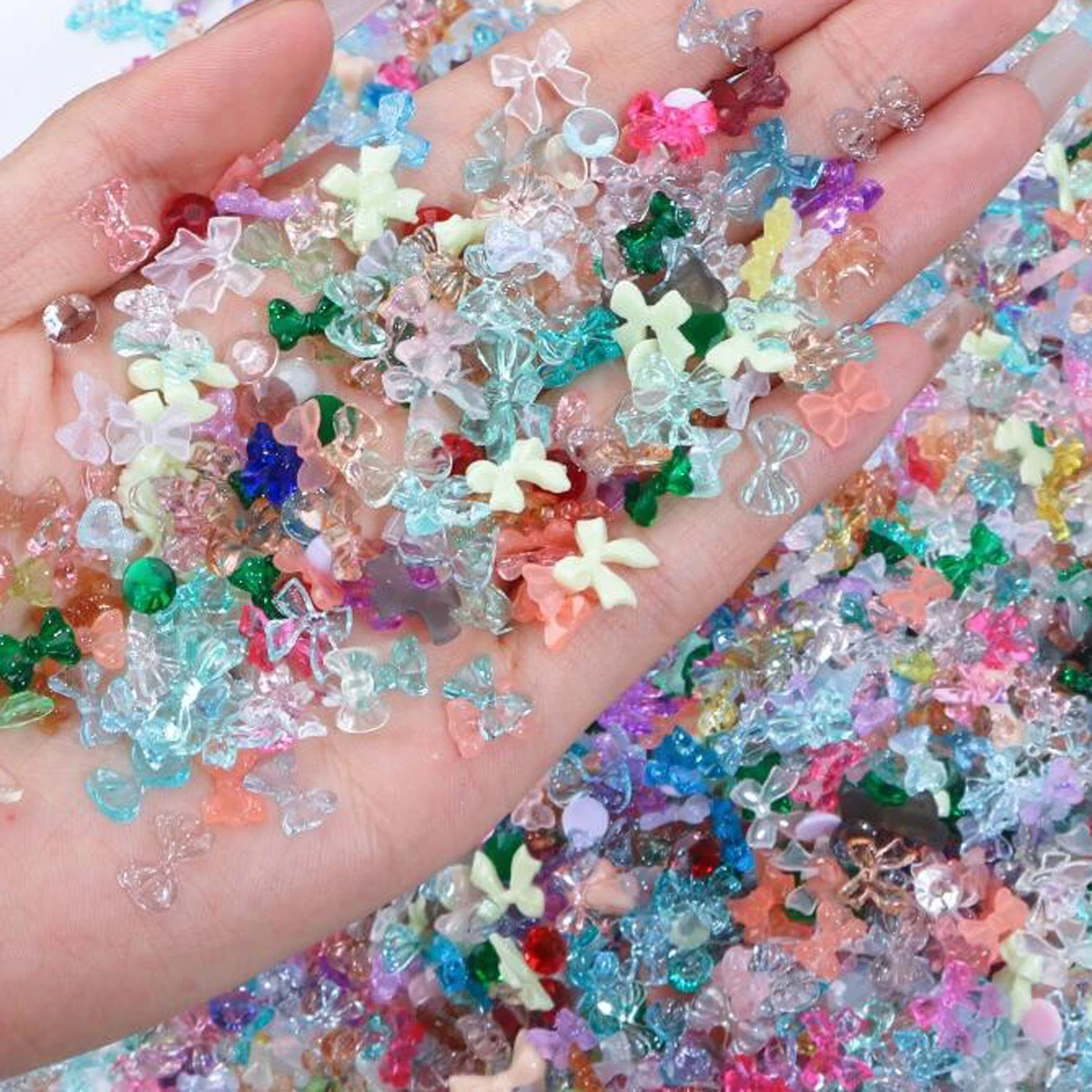 50g/봉투 3D 믹스 오로라 레진 보우/플라워 네일 참 장식 화려한 나비/리본 네일아트 라인스톤 DIY 매니큐어 액세서리