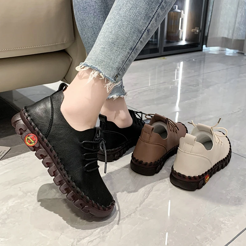 

New Flat Women Shoes for Women Solid Color Casual Shoes Platform Loafers Lace Up Leather Flats Slip-On Mom Shoe Mujer Zapatos