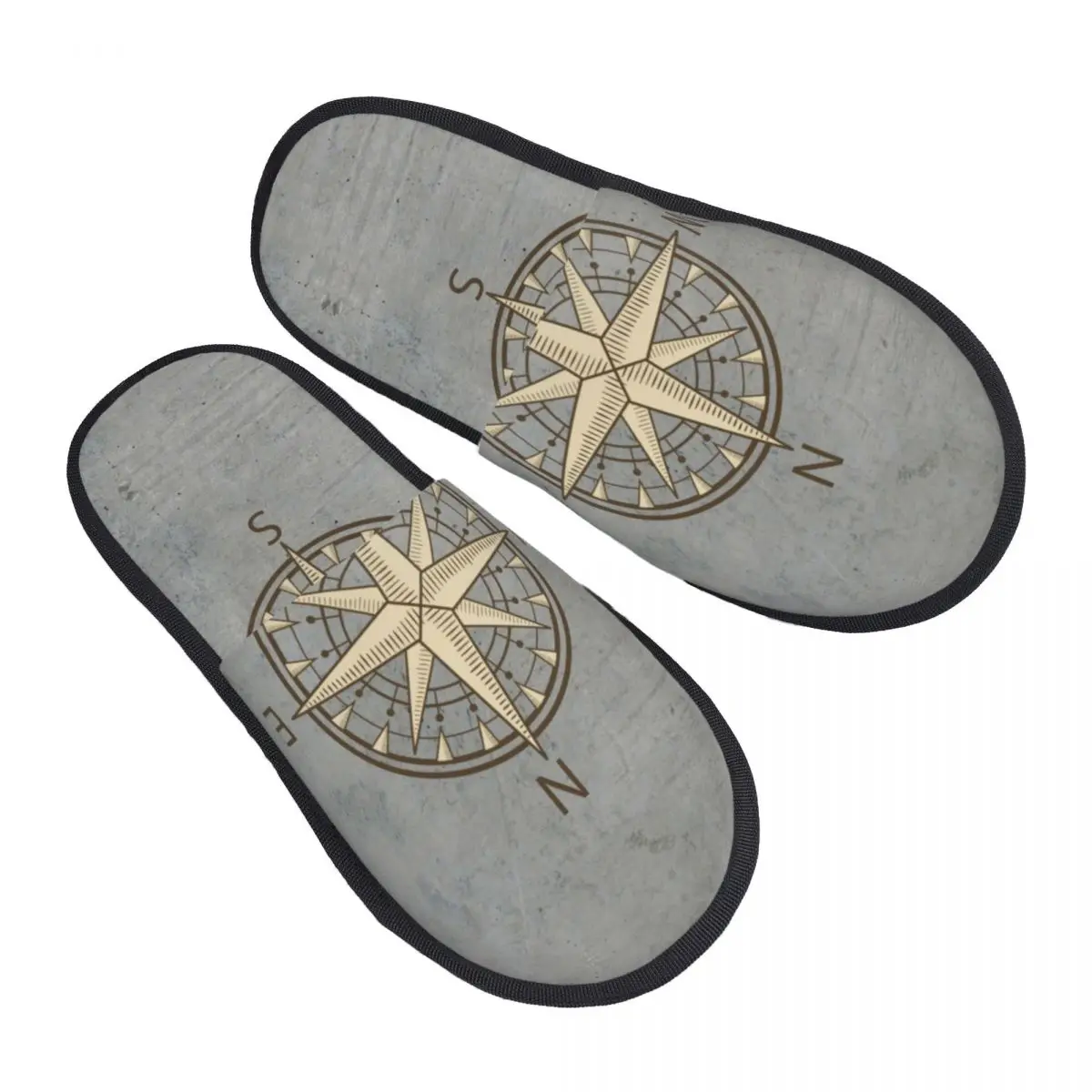 

Custom Gray Compass Soft Memory Foam House Slippers Women Nautical Sailing Sailor Comfy Warm Anti-Skid Slipper