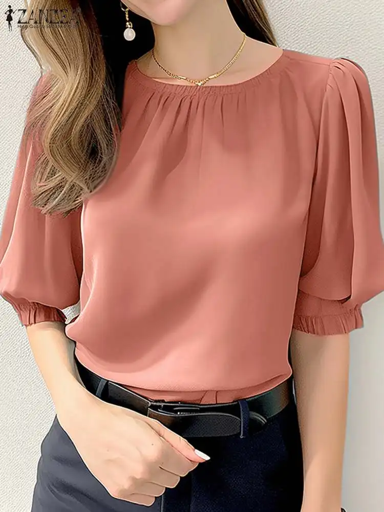 

ZANZEA Summer OL Work Blouses Solid Color Gentle Ruched O Neck Puff Sleeve Tops Tunic 2024 Fashion Elegant Women Blusas Mujer