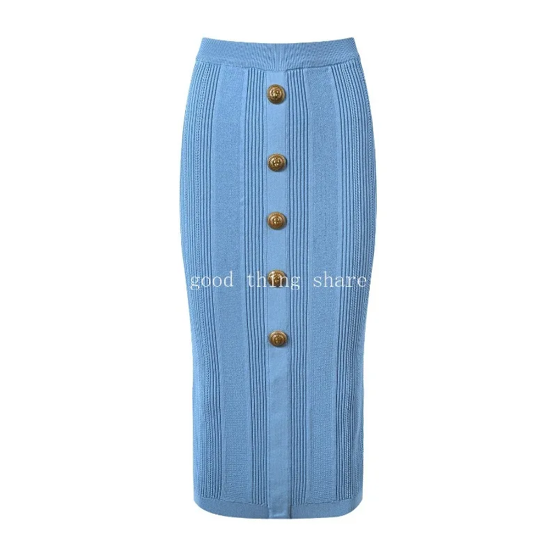 

Women Sheath Midi Skirt with Buttons 3 Colors Black/White/Blue Stretchy Knitting