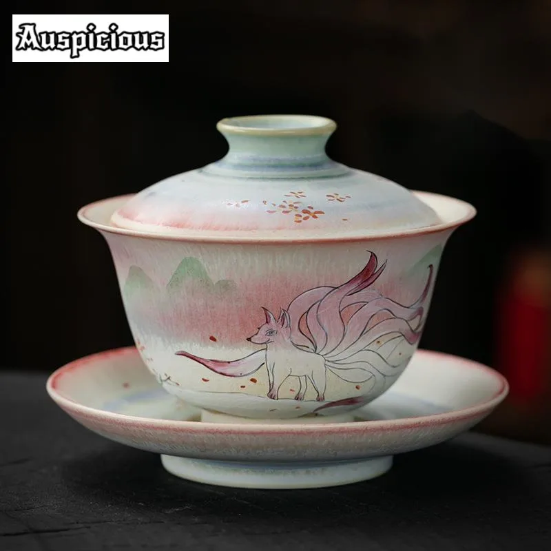 150ml Hand-painted Nine-tailed Fox Gaiwan Jingdezhen Kiln Change Wood-fired Porcelain Tea Tureen Tea Maker Cover Bowl Collection