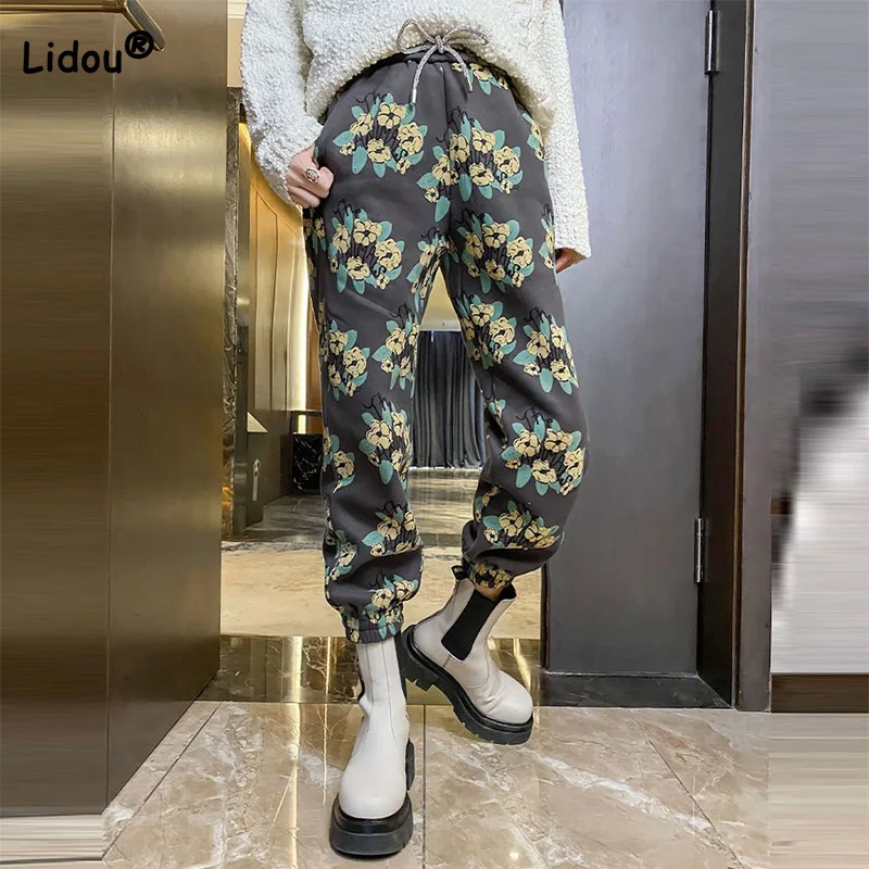 

Retro Flower Pockets Guard Pants Female 2023 Winter New Heavy Duty Printed Plush and Thickened High Waist Pencil Trousers Trend