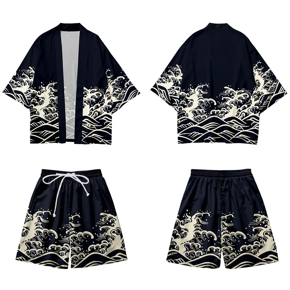 Japanese Kimono Plus Size 5XL Japanese Kimono Cardigan Shorts Set Print Tradition Yukata Haori Cosplay Costume