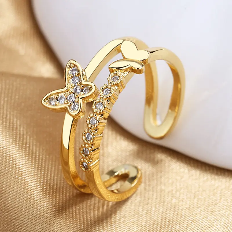 

925 Sterling Silver Ring Gold/Silver 2 Layers Butterfly Zircon Open Ring For Women Charm Fashion Engagement Wedding Gift Jewelry