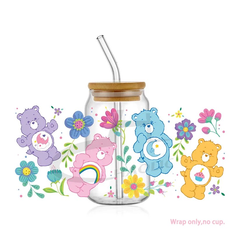 Cute Bear Rainbow UV DTF 16oz Libbey Cup Digital Wrap UVDTF Transfer Adhesive Wrap No Heat Needed Cup Not Included sticker cups cup wraps uv dtf wrap transfer