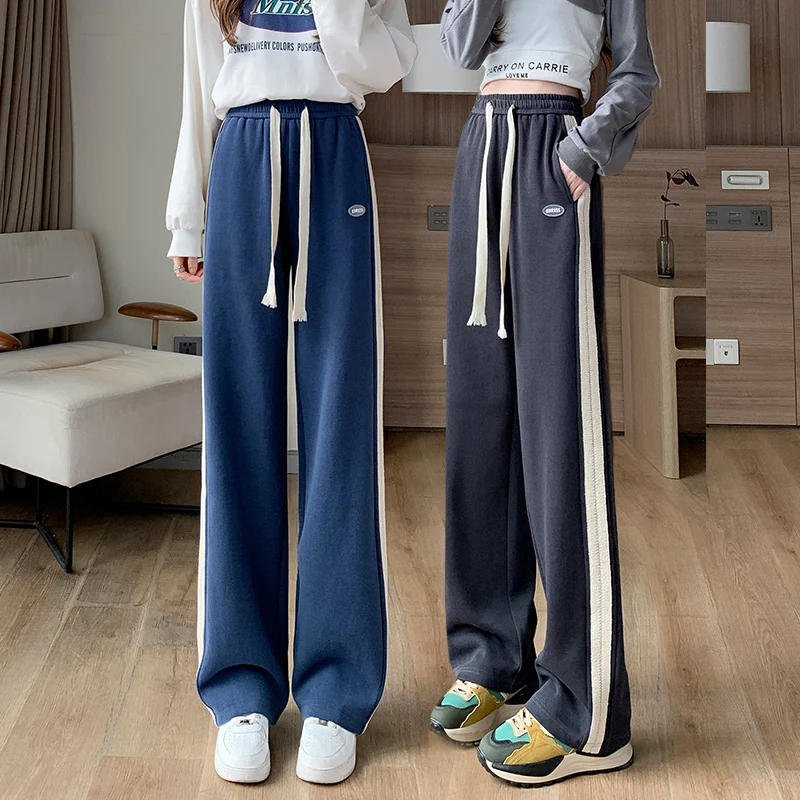 Women's Wide Leg Cotton Pants Side Stripe Decoration Straight Leg Trousers Y2K Traf Korean Harajuku Streetwear Pants CICHENG fashion big broken holes chain splicing decoration straight jeans women new centre hollow out denim pants female casual trousers