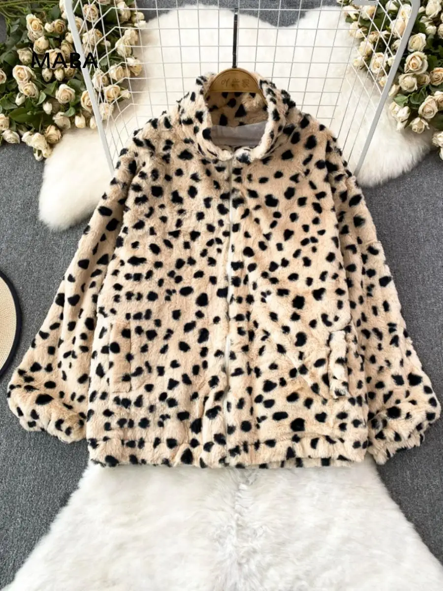 

Plush Jacket Women Winter New Turtleneck Long Sleeved Loose Vintage Leopard Print Zippered Coat Korean Warm Outerwear Girl 2023