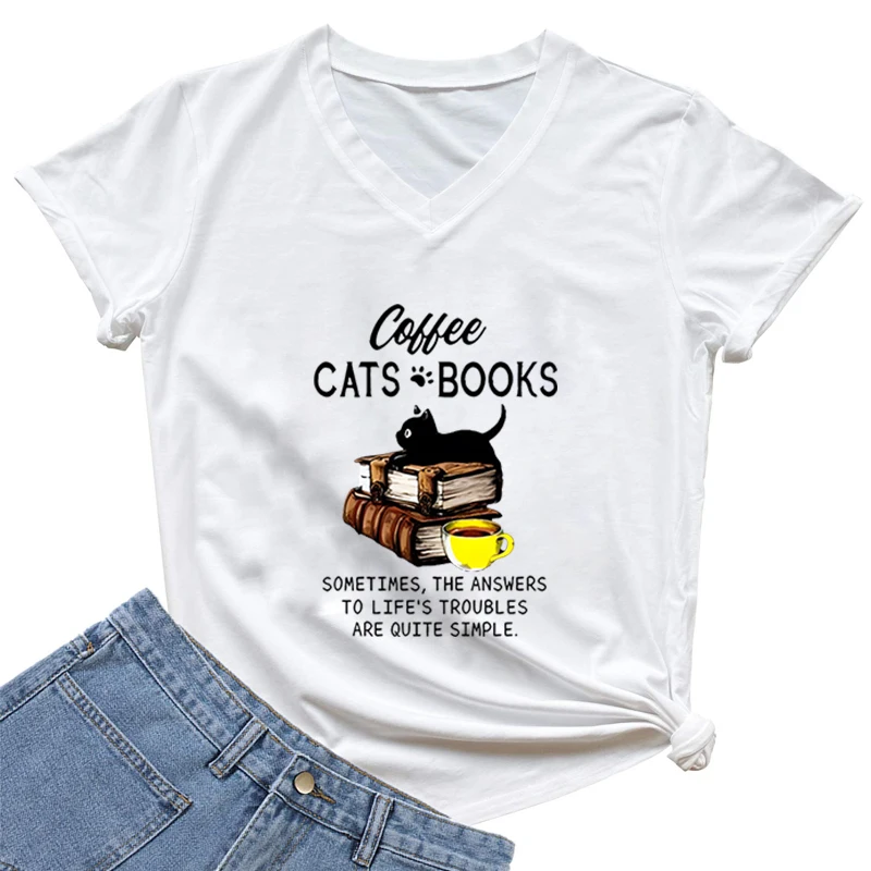 

Женская футболка с V-образным вырезом, футболка с рисунком кофейных кошек, книг, модная трендовая женская футболка с коротким рукавом, женская футболка оверсайз