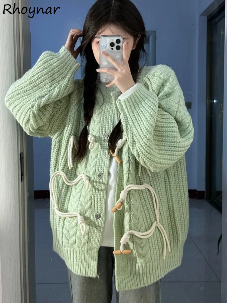 

Chic Horn Button Knitted Cardigan Women Fashion Sweet Young Popular All-match Simple Solid Loose Leisure Coats Girls Soft Ins BF