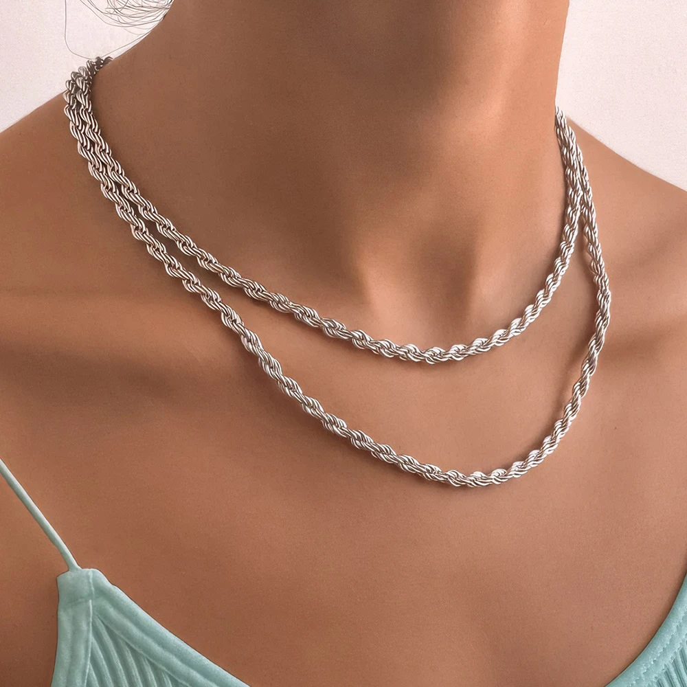 eManco 2/3/4/5MM Rope Chain Necklace Silver Color Chains Stainless Steel Never Fade Waterproof Choker Men Women Jewelry