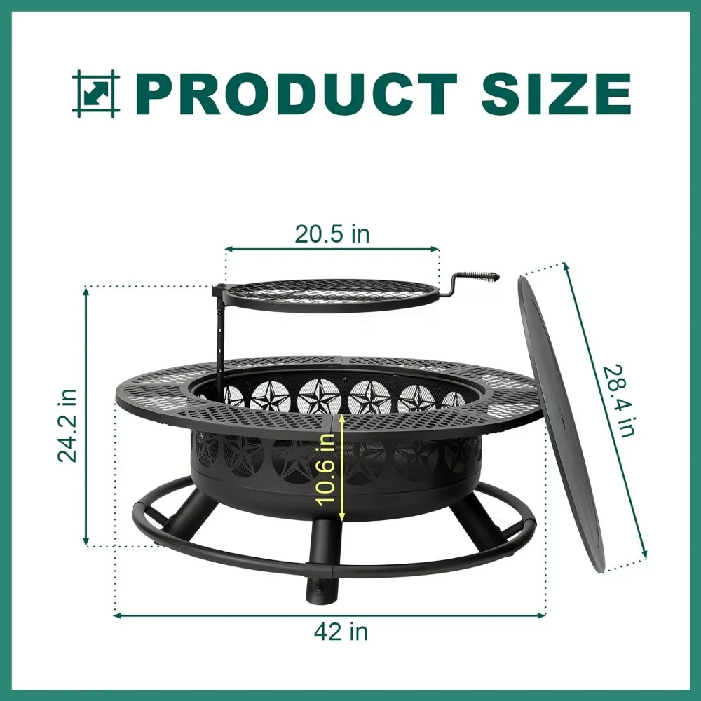 42 Inch BBQ Fire Pit with Grill, Large Outdoor Wooding Burning Fire Pit for Camping,Picnic,Bonfire,3-in-1 Round Metal Table
