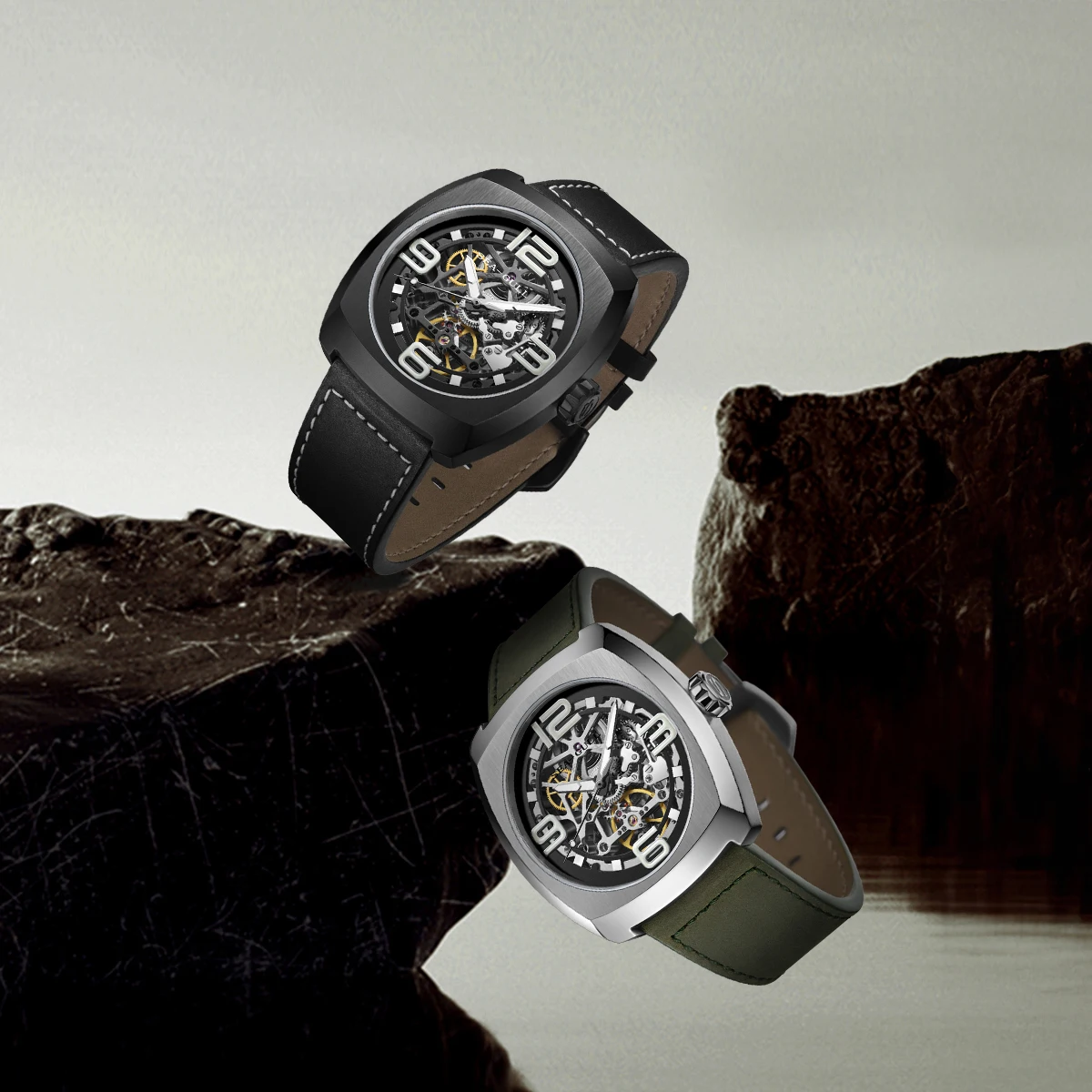 Orologio Meccanico Automatico Uomo Lusso - Quadrante Scheletrato Tonneau, Cinturino In Pelle, Impermeabile 3ATM, Luminoso