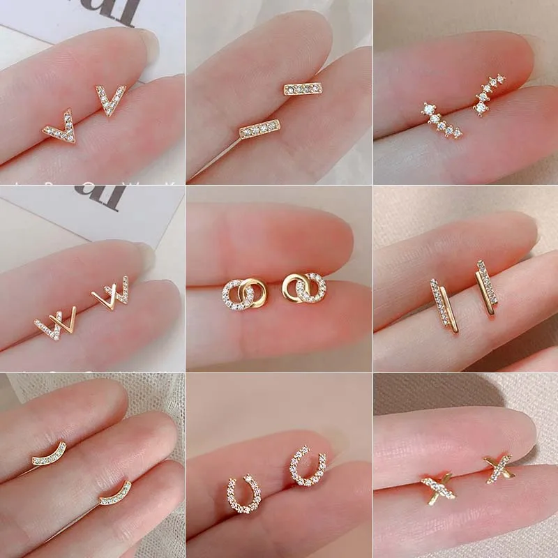 Stud Earrings Geometry Gold Silver Color Zircon For Women Simple Cute Small