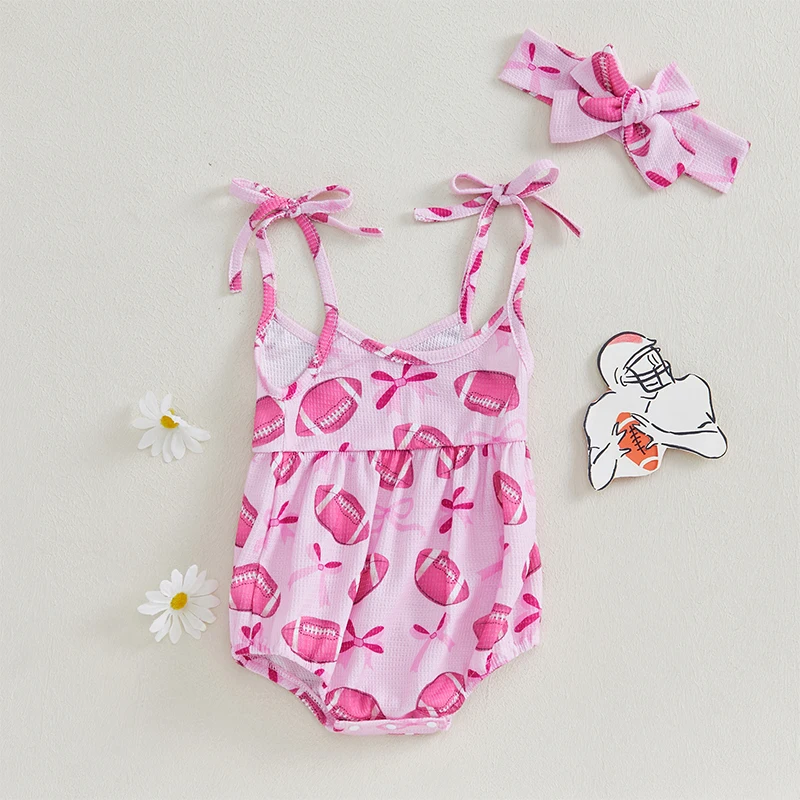 Citgeett Summer Infant Baby Girl Football Outfit Bow Rugby Print Shoulder Bodysuit Bow Headband Clothes Set 4