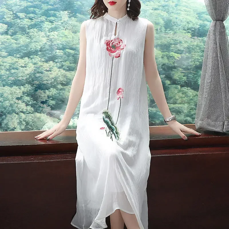 

New Embroidered Cheongsam Sleeveless Vest Chiffon Dress Woman Dress Vestido De Mujer Femme Robe